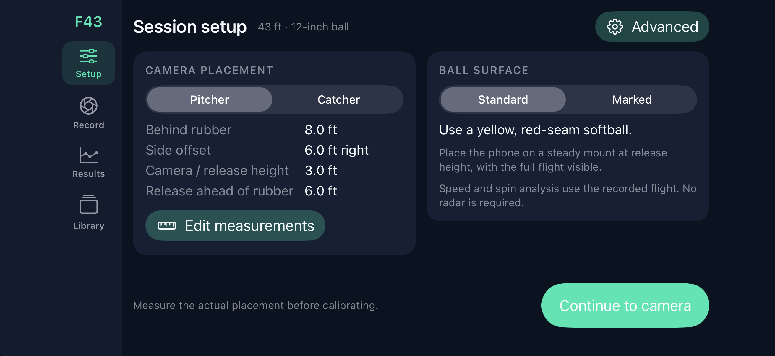 Flight43 setup screen showing camera position and softball options